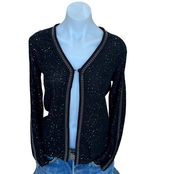 Sioni Sequin Beaded Black Cardigan Sweater SMALL Tweed Studded Designer $190 - Picture 1 of 8